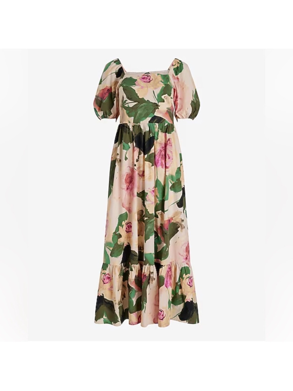 Express Floral Puff-Sleeve Maxi Dress in Cream, Green and Pink